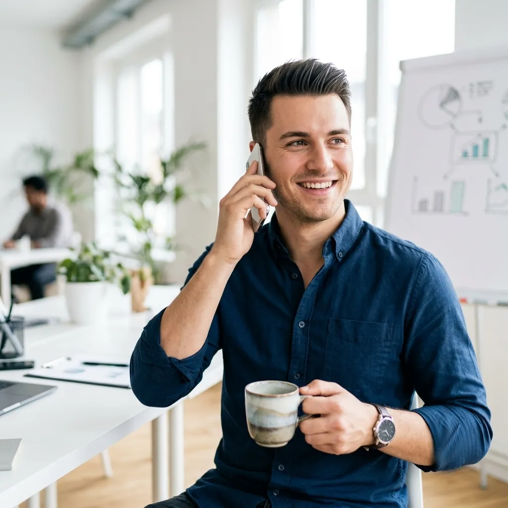 Business-Professional am Telefon mit Kaffee in hellem Büro – souveränes Telefonieren im Alltag mit CASTLE® Pro Business English