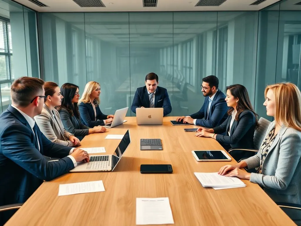 Business English Gruppenunterricht: Fachkräfte im Konferenzraum im Gespräch